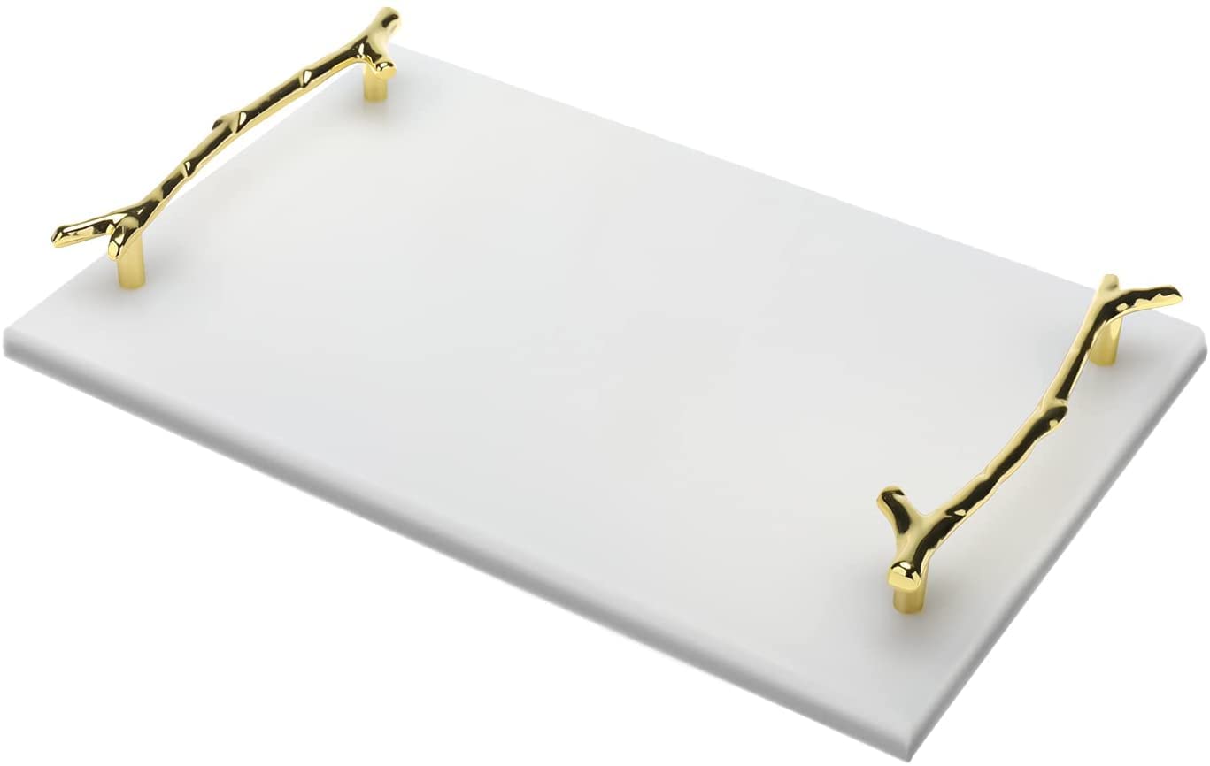 HighFreeMarble Stone Decorative Tray with Gold Handles, Real White Marble Tray, Handmade Jewellery Tray Catchall Tray Perfume Tray for Counter, Vanity, Dresser, Nightstand and Desk