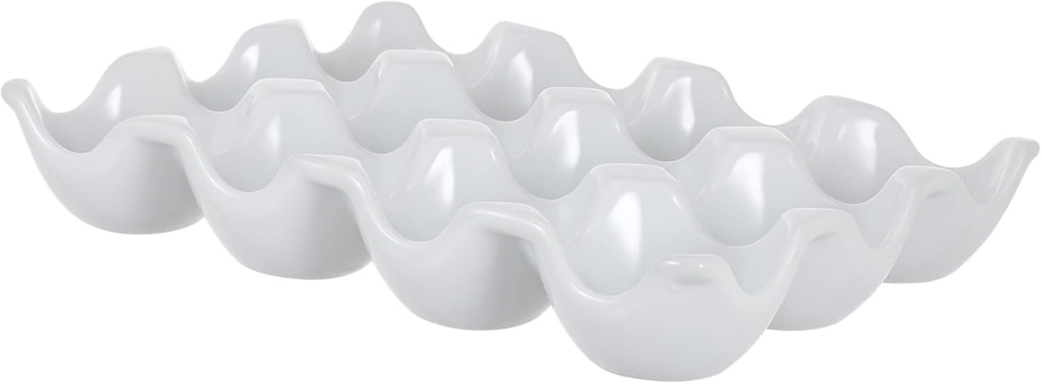 POPETPOP Ceramic Egg Storage Holder Fresh Keeping Egg Tray with Space Saving Design for Refrigerator Easy to Clean Stable and Durable Kitchen Organizer White