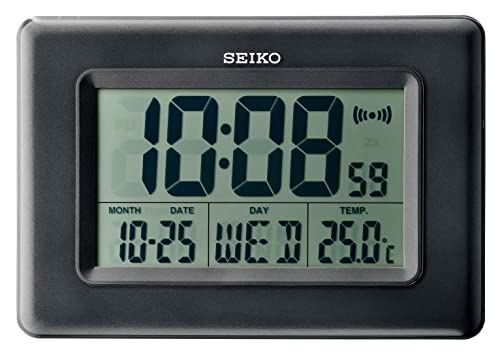 Image of Seiko Elegant Rectangular Black Plastic Digital Alarm Table Clock with Calendar, Hygrometer and Thermometer (Size: 25 x 2.7 x 17 CM | Weight: 480 gram | Color: Black)