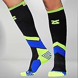 Zensah Pop Tech+ Compression Graduated Compression Socks, Black/Yellow/Blue, Large