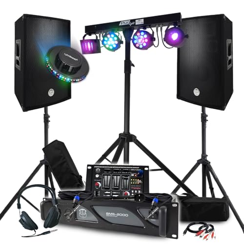 Pack Sono DJ 3200W Mix Mariage Soiree Fiesta DJ, AMPLI Enceintes Table de Mixage + 48 Effets lumières LED Euphoria, Fête Soirée