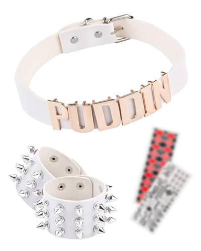 ABONDEVER Puddin Choker Halloween Set Adjustable Punk Leather Letter Collar Necklace Tattoo Stickers Rivets Spike Bracelet Halloween Cosplay Accessories for Women(White-B)
