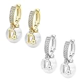 2 Pairs of Pearl Stud Earrings - Elegant Ladies' Copper Drop Earrings, Vintage Letter Pearl Jewelry, Clothing Accessories (Gold, Silver)