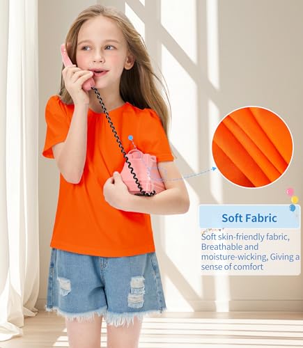 Image of Girls Casual Solid Crewneck Top Short Sleeve Soft T-Shirt with Crisscross Back Design Orange 9-10