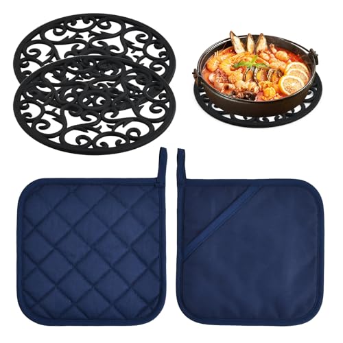 Juego de 2 Guantes Horno y 2 Silicona Agarraderas, Resistente al Calor hasta 300°C, Guantes para Horno, Manoplas Horno, para Cocinar Hornear Asar Barbacoa Microondas