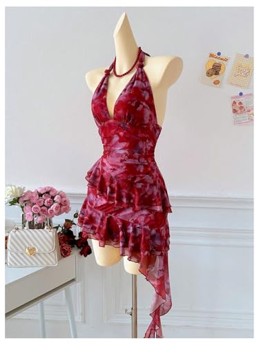 Verdusa Mesh Dress for Women Y2k Floral Backless Halter Short Dress Ruffle Asymmetrical Slim Fit Mini Dresses3