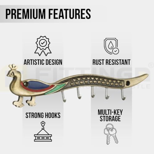 Image of Peacock Zinc Metal Wall Mounted Key Holder with Hooks for Home, Kitchen & Entryway, Durable Heavy Duty Decorative Key Rack Organizer for Keys, Vintage Style - Antique Finish