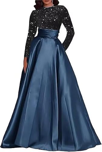 EBAKUS Sparkly Sequin Prom Dresses Black Teal Satin Long Sleeves A-line Formal Party Maxi Gowns with Pockets 2