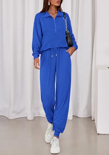 Image of PRETTYGARDEN Women 2 Piece Ribbed Knit Matching Lounge Sets | Comfy Sweat Track Suits, Athleisure Casual Outfit, Half Zip Sweatshirt & Jogger Pants, Fall Winter Clothes for Airport Travel
