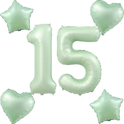 Globos verde oliva número 15+4 piezas globo de aluminio con forma de corazón/estrella número 15. Globos de cumpleaños para niñas, globos gigantes de 15 número de 40' decoración de cumpleaños para