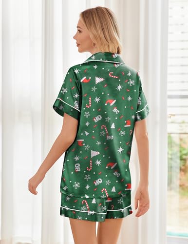 Image of Ekouaer Womens Silk Satin Pajama Sets Soft Short Sleeve Button Down Sleepwear Top and Shorts 2 Piece Pjs Lounge Set