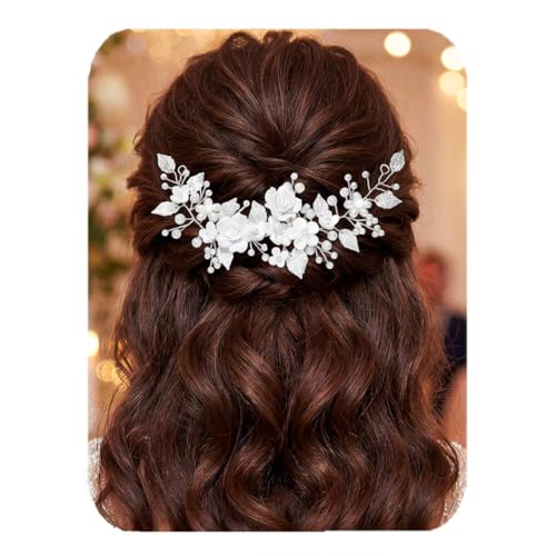 Zoestar Blume Hochzeit Haar Rebe Perle Stirnband Braut Blatt Kopfschmuck Braut Haarschmuck für Damen und Mädchen (Silber Einheitsgröße)