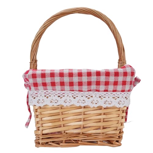 Eminchu Cesta de Picnic, Cesta de Mimbre Tejida a Mano con Forma Ovalada con Forro de Lino Extraíble y Asas Altas Redondeadas, Ideal para Picnic, Camping, Jardín, Pascua y Día de la Madre (Cuadros