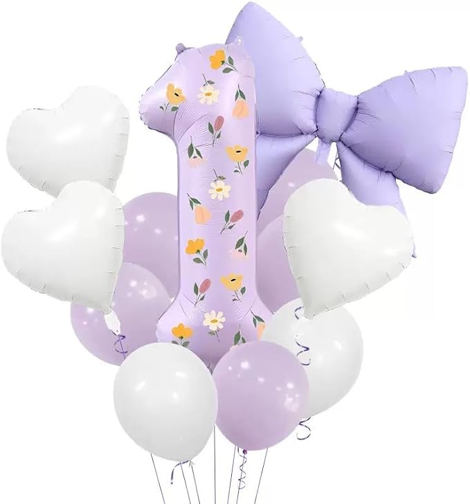 40inch Purple Number 1 Foil Balloon Set, Daisy Flower 1st Birthday Party Balloons Bow Heart-shaped Balloons for Girls’ First Princess Birthday Party Decorations Supplies (Light Purple Number 1) image 3
