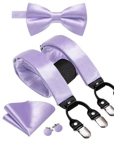 Image of Dubulle Suspender and Bow Tie for Men Paisley Solid Mens Suit Braces Pretied Bowtie and Handkerchief Cufflinks Formal Wedding