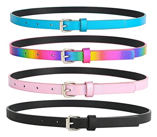 Insighter Belts For Girls 4 Pack Little Teen Toddler Kid Belt Girls Fashion Pu Leather Blue Black Rainbow Silver M/L #TOP2