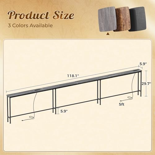 Image of Huuger 118 Inch Sofa Table with Power Outlets, Skinny Behind Couch Table | 5.9 Inch Narrow Entryway Table, Extra-Long Console Table, Behind the Couch Table with Outlet for Living Room, Grey