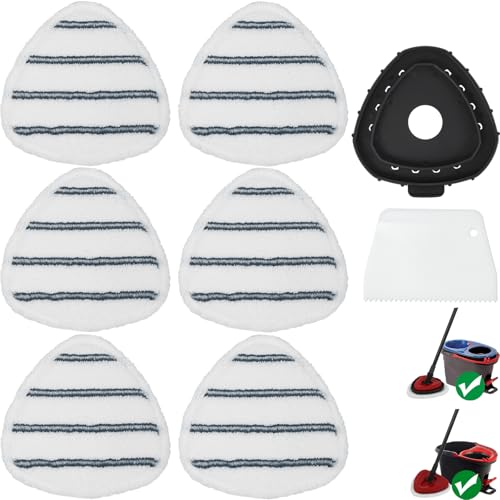 Triangule Flat Mop Replacement Pads, Spin Mop Pad Replacement, 6 Pack Mop Refill Pads, 1 Mop Base and 1 Scraper for Cleaning Floor, Wall, Ceiling, Easy to Replace