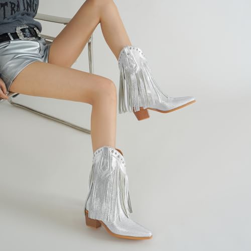 AIJIVOU Women's Rhinestone Fringe Cowgirl Ankle Boots, Sparkly Western Cowboy Boots Pointed Toe Knee Block Chunky Middle Heel Pull On Bling Tassel Booties for Women Girl Party2