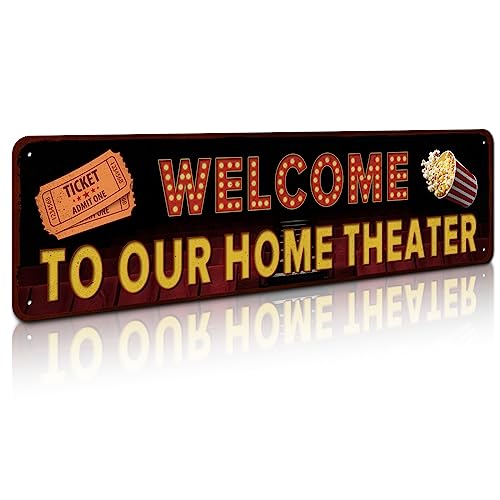 SOYAVE Movie Theater Sign, Vintage Wall Decor for Bar, Cafes Pubs, Media Room, 4x16 Inches Aluminum Metal Sign (Welcome to Our Home Theater)