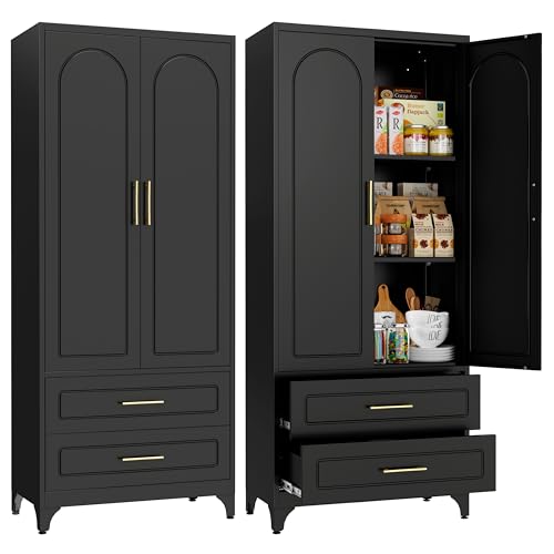 SteeLoong Metal Kitchen Pantry Storage Cabinet with 2 Drawers，75Inch Black Food Pantry Cabinets for Kitchen with 2 Adjustable Shelves，Tall Storage Cupboard for Living Room, Dining Room Office