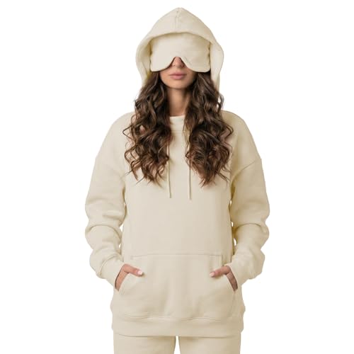 Ainangua Womens Oversized Pullover Essentials Hoodie with Eye Mask Comfor Airplane Mode Travel Office Vacation Sweatshirt (Beige,L)