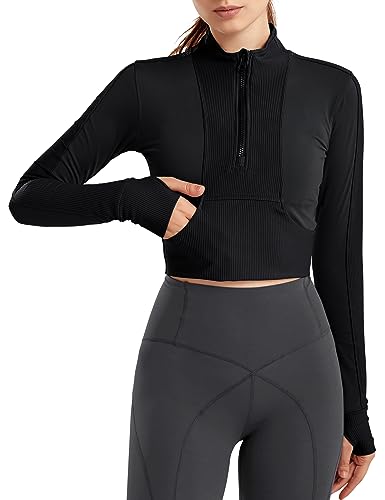 EFFAN Crop Tops Damen Langarm Reißverschluss Sport Top Shirts Gym Yoga...