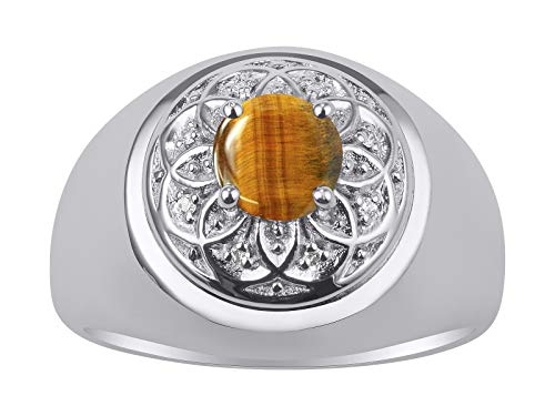 Image of Rylos Men's Designer Gypsy Ring with 7MM Round Gemstone & Diamond - Birthstone Rings in Sizes 8-13 in Sterling Silver