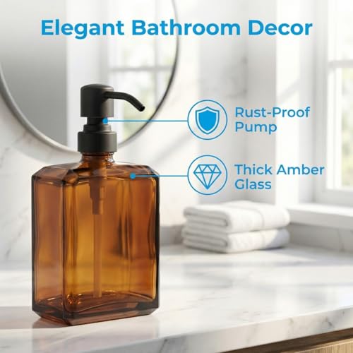 Image of Amber Soap Dispenser Square Bottle and Oil Rubbed Bronze Pump, Glass Dish Soap Dispenser with Stainless Steel Pump, 13.5 oz Lotion Dispenser for Bathroom, Kitchen Countertop