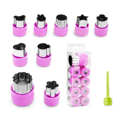 NASHRIO 9Pcs Different Shapes and Sizes Stainless Steel with Plastic Cover Mini Fruit Cookie Stamps Mold, Vegetable and Cookie Cutters Shapes Set for Kids Baking. (Purple)