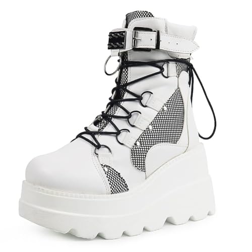 SACFOF Platform Ankle Boots for Women Chunky High Heel Booties Buckle Goth Round Toe Combat Boots Women Lace Up Motorcycle Wedges Boots