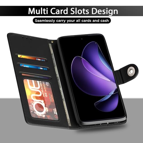 Image of Pikkme Flip Cover Leather Finish | Inside TPU with Card Pockets | Wallet Stand and Shock Proof | Complete Protection Button Flip Case for Oppo Reno 13F 5G(Black)