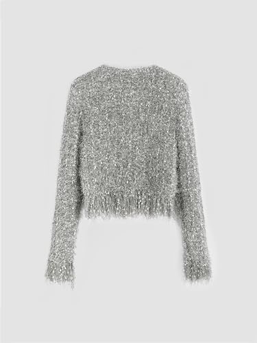 CIDER Fuzzy Round Neck Button Metallic Knitted Long Sleeve Cardigan: Grey, XL4