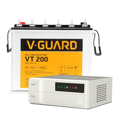 Image of V-Guard Inverter & Battery Combo (750 Pure Sine Wave 650VA / 12V Inverter, VT 200 200Ah Tall Tubular Battery) for Home, Office & Shops