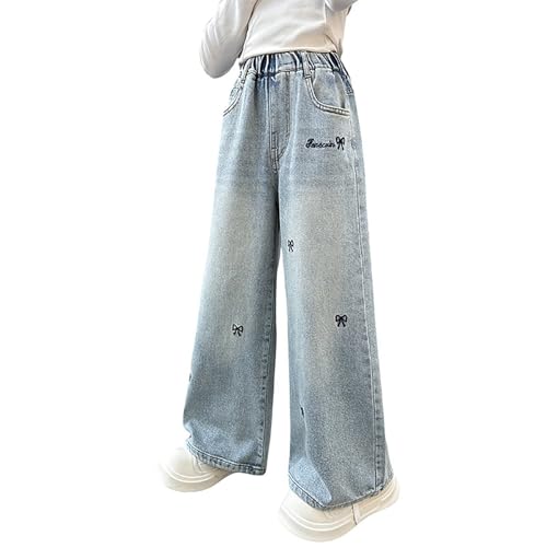Girls Y2k Jeans Wide Leg Bow Embroidered Jeans Kids Casual High Waist Cute Denim Pants Streetwear with Pockets Fall
