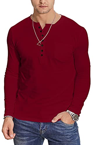 YTD Chemise henley coton manches longues homme, poche, (XXL, Rouge vin)
