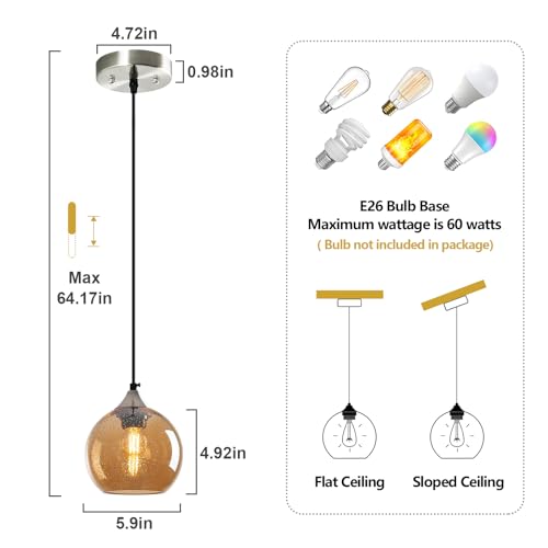 Image of Amber Glass Pendant Lights Kitchen Island Globe Pendant Light Fixtures Modern Pendant Lighting for Bedroom Living Dining Room Light Fixture (5.9 in, 3 Pack)