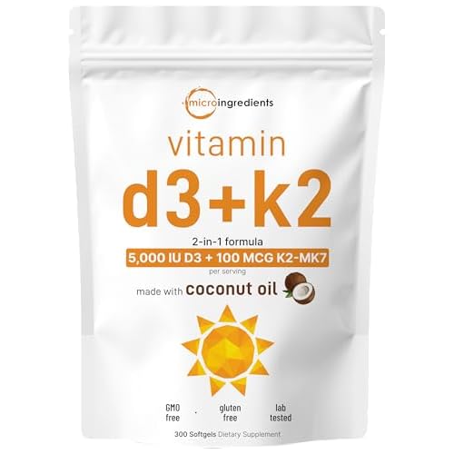 Micro Ingredients Vitamin D3 5,000 IU + K2 MK-7 100 mcg, 300 Softgels | Virgin Coconut Oil | 2-in-1 Bone, Immune & Heart Support | Easy to Swallow, Non-GMO