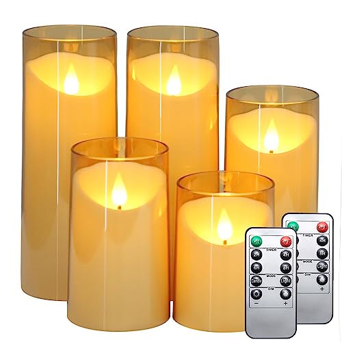 MUMCHASI Flameless Candles Battery Operated Candles with Remote and Timer, Set of 5 (D 3"×H 4" 5" 6" 8" 8") Plexiglass LED Flickering Electric Amber Fall Candlelights for Home Halloween