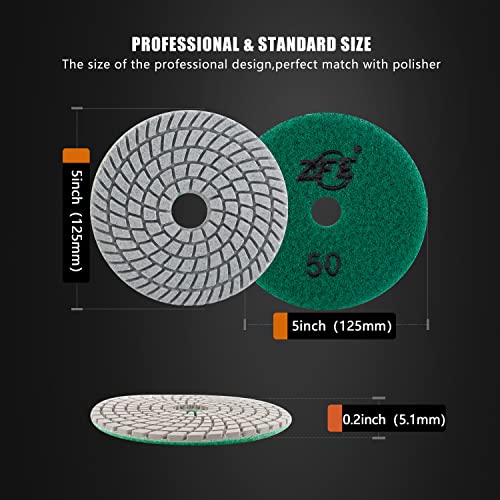 ZFE 14 Stück 125mm Nass Diamant Schleifscheibe Polierset für Granit Stein Beton Marmor, 125mm Diamant Schleifpads für Polierer & Winkelschleifer, Gemischt Körnung 50# - 6000#.mit 1tlg Trägerplatte