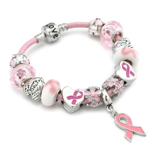 Pink Ribbon Charms Bracelet, Breast Cancer Awareness Jewelry, Includes: Bracelet and Charms, 20CM, Silver, SHAPER681359413064