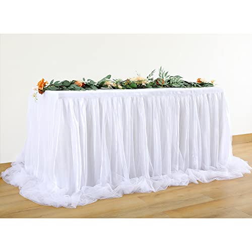 HBBMAGIC Weiß Tüll Tischrock Mit Licht, 2-Langer 427cm Lang Weiß Rüschen Tulle Tischröcke, Waschbarer Tutu Tischrock für Hochzeit Party Geburtstag Babydusche Kuchen Dessert Taufe Tisch