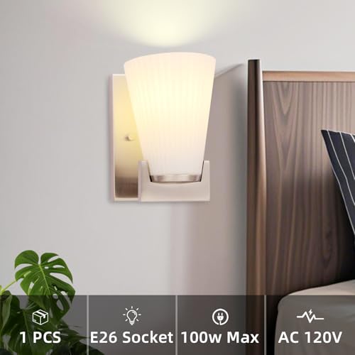 Image of 1-Light Bathroom Vanity Light, Brushed Nickel Wall Sconce with Ribbed White Glass Shade for Mirror, Bathroom, Bedroom, Living Room, Modern Style Wall Light, 1 Pack, E26 Base (Bulbs Not Included)