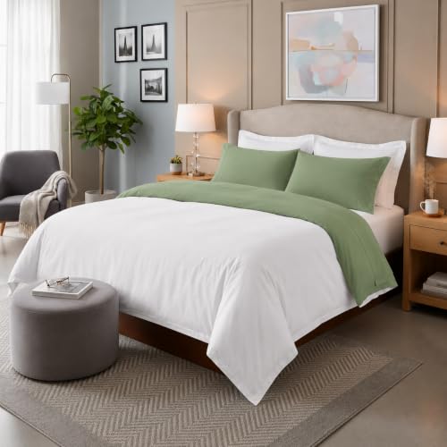 Image of Duvet Cover Single Size Bed (60x92 Inch) 1 Duvet Cover + 4 Pillow Covers with Zipper 600 TC Cotton Reversible Luxurious Quilt, Comforter, Rajai, Blanket Cover (White /Sage)