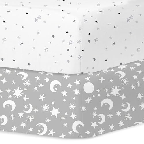 Image of Little Grape Land Crib Sheets for Boys and Girls, 2pk Baby Crib Fitted Sheet for Standard Size Crib and Toddler Mattress, Super Soft Baby Sheet (Star & Moon)