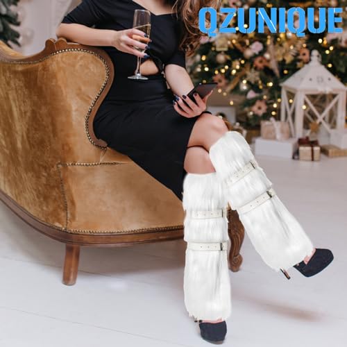 Image of QZUnique Faux Fur Leg Warmer with PU Belt Warm Furry Winter Boot Cuff Covers Women Fuzzy Leg Sleeves Party Accessory Set
