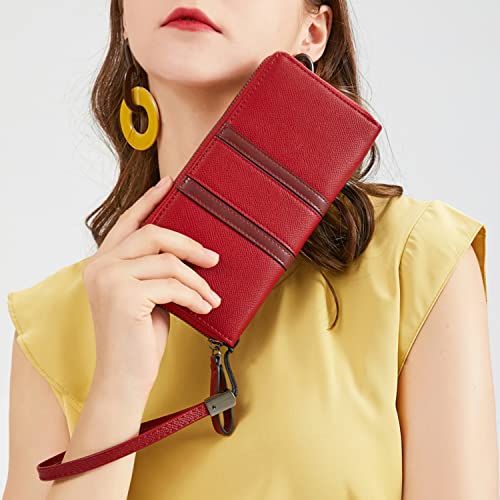 Large Capacity Wristlet Wallets for Women Zipper Wallets for Women Long Checkbook Clutch Ladies Wallets Vegan Leather with Wrist Strap (Red)3