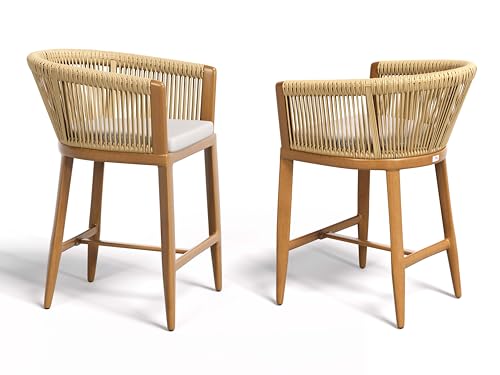 Image of PURPLE LEAF 4 PCS Counter Height Bar Stools Wicker with Cushion, Teak