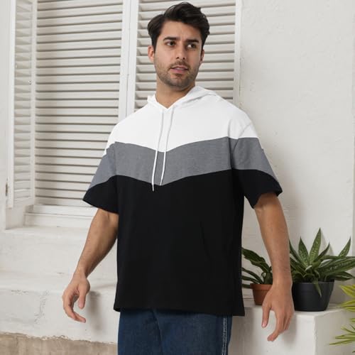 Mens Short Sleeve Hoodie Soft Cotton Color Block T-Shirt Pullover Big Pocket Half Sleeve Summer Sweatshirt3