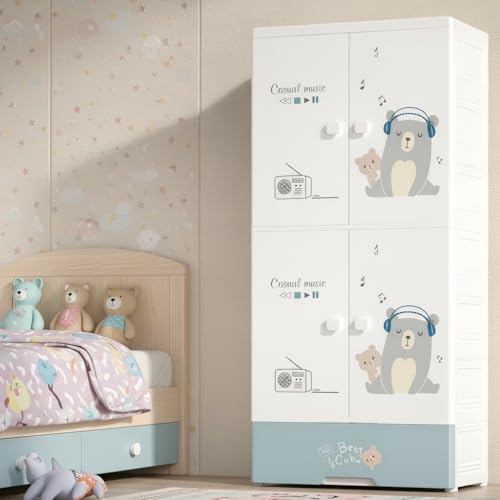 Image of Mevigo 4-Door Plastic Wardrobe for Kids| Almirah and Wardrobe for Baby Clothes| Modular Storage Cabinet with Wheel Organizer for Cupboard Rack for Clothes /Shoes /Books /Toy -Music Bear-SJ6530